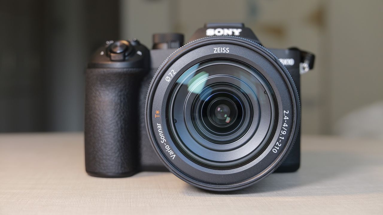 Closeup of the Sony RX10 V bridge camera's lens, its front element