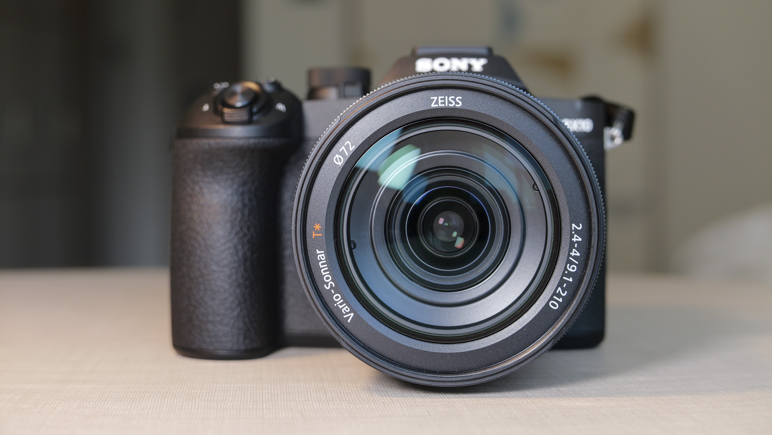 Closeup of the Sony RX10 V bridge camera's lens, its front element