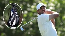Brooks Koepka holds his finish on an iron shot and an inset of his Srixon golf bag