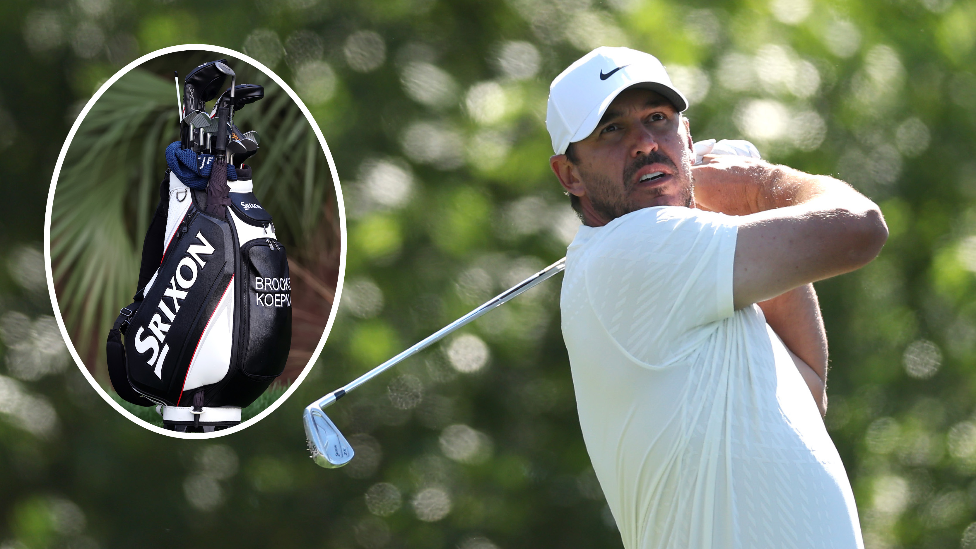 Brooks Koepka holds his finish on an iron shot and an inset of his Srixon golf bag