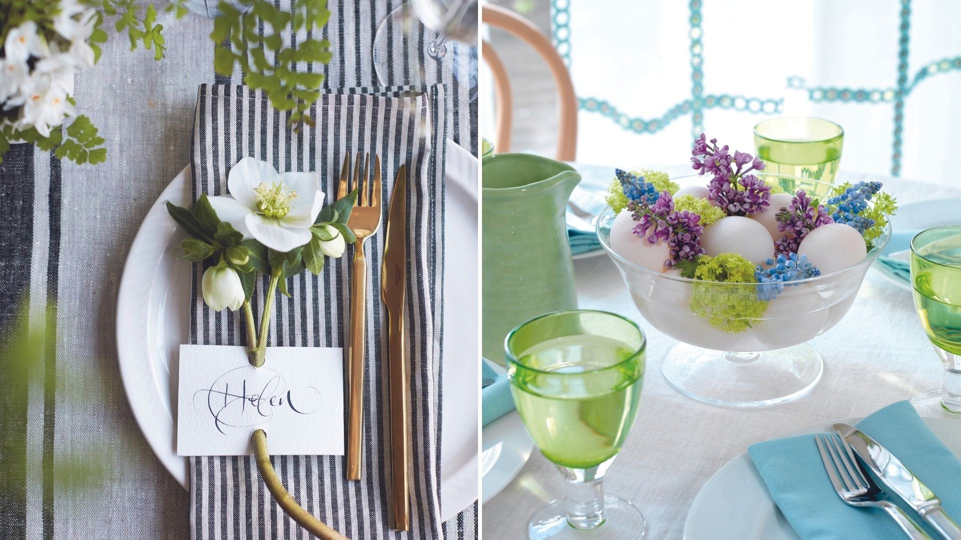 Bespoke hand written calligraphy place cards with fresh spring flower an Easter Rose threaded through