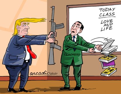Political cartoon U.S. Trump arming teachers gun violence school shootings