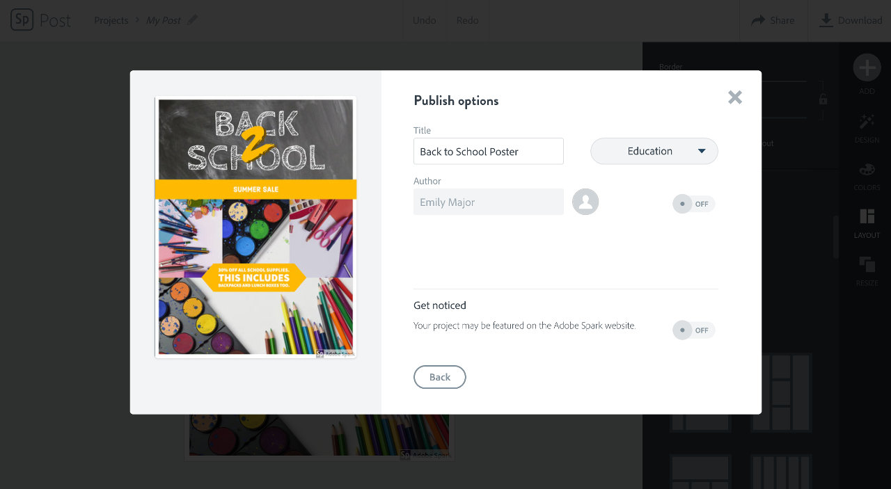 Adobe Spark publish options screenshot