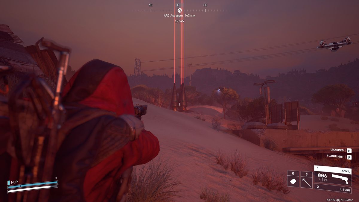 Arc Raiders Close Scrutiny: A player aiming at an Assessor in the distance, over sand dunes.