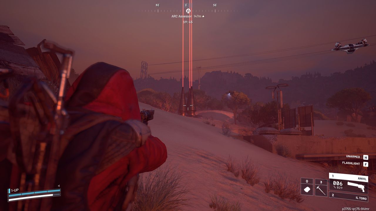 Arc Raiders Close Scrutiny: A player aiming at an Assessor in the distance, over sand dunes.