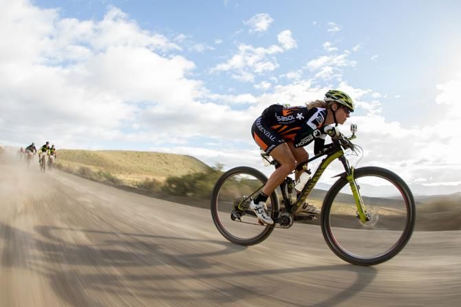 Sally Bigham of Team Meerendal leaves the boys behind on a descent