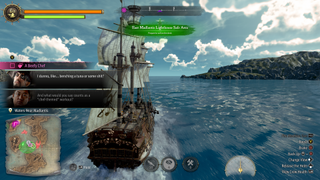 The pirate ship sailing through the sea in Like a Dragon: Pirate Yakuza in Hawaii.