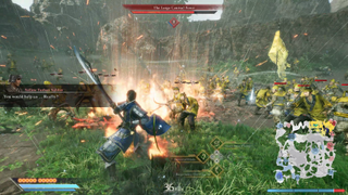 Xiahou Dun uses a fire attack skill in Dynasty Warriors Origins to damage a horde of enemies while rain pours