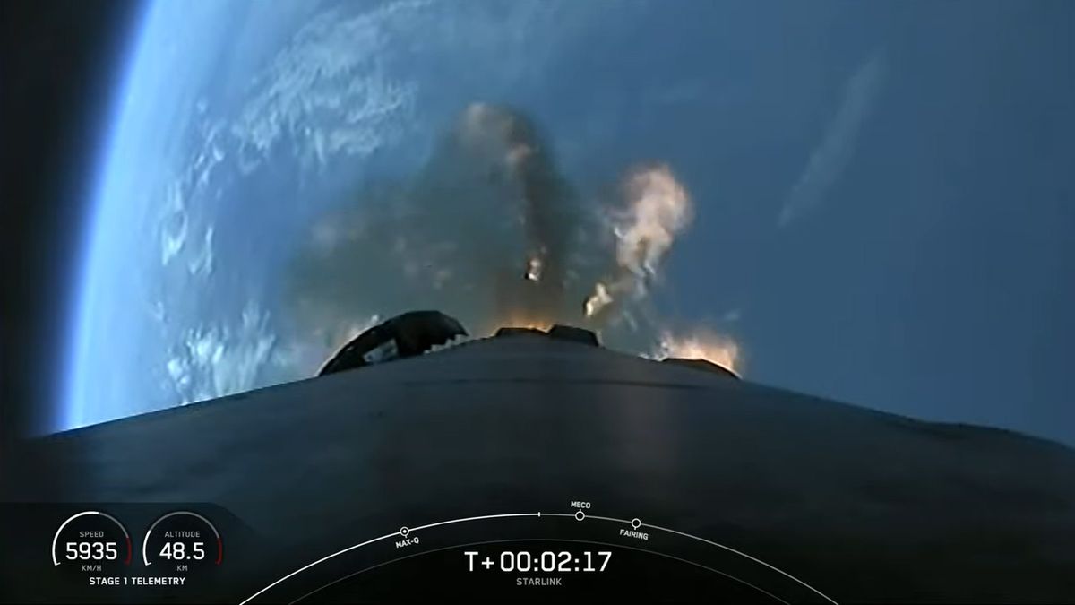 A view from SpaceXs Falcon 9 rocket during a Starlink satellite launch captures a stunning sight of the Earth falling away below on Nov. 13, 2021.