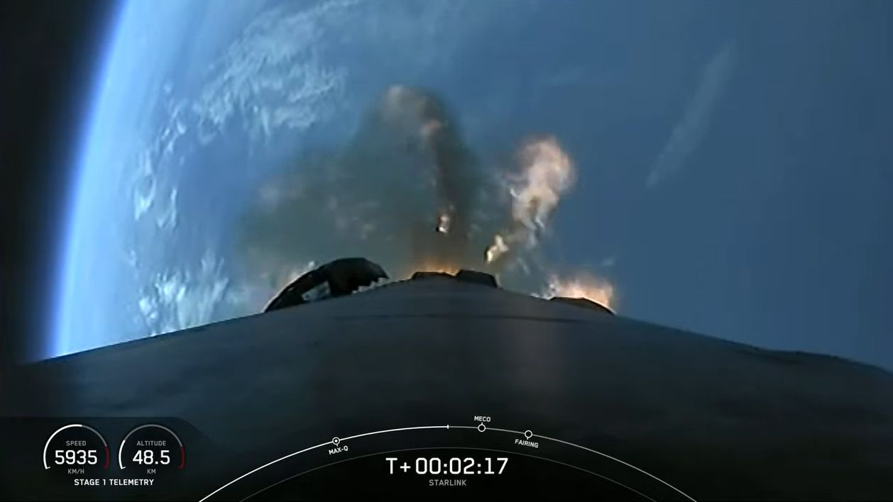 A view from SpaceXs Falcon 9 rocket during a Starlink satellite launch captures a stunning sight of the Earth falling away below on Nov. 13, 2021.