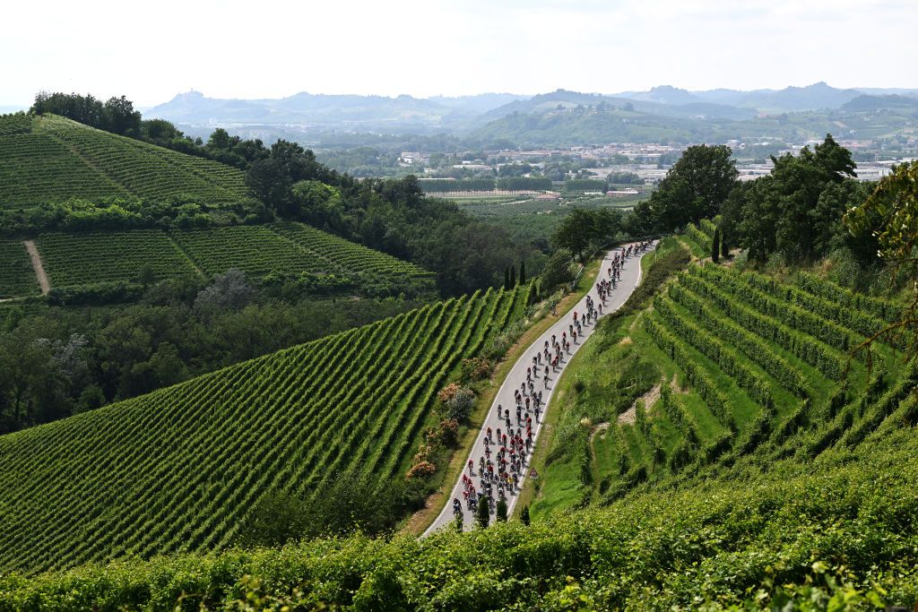TORINO ITALY JULY 01 A general view of the peloton compete climbing to the Cote de Barbaresco 270m during the 111th Tour de France 2024 Stage 3 a 2308km stage from Piacenza to Torino UCIWT on July 01 2024 in Torino Italy Photo by Tim de WaeleGetty Images