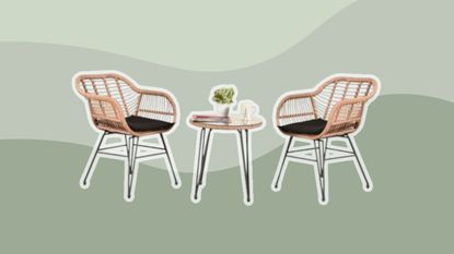 Outdoor dining set on green striped background