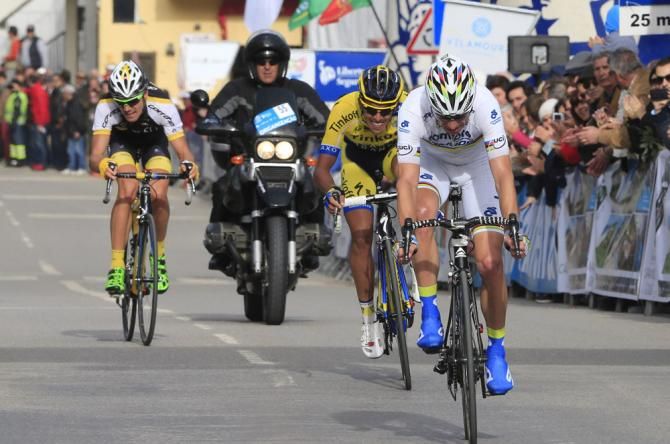 World champion Rui Costa (Lampre-Merida) outsprinted Alberto Contador (TInkoff-Saxo) and Eduard Prades (OFM-Quinta Da Lixa) for second place, six seconds down on Kwiatkowski