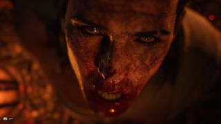The Blood of Dawnwalker screenshot showing protagonist Coen looking up, his mouth covered in blood