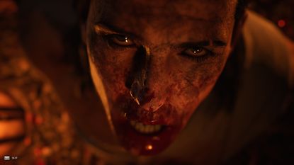 The Blood of Dawnwalker screenshot showing protagonist Coen looking up, his mouth covered in blood