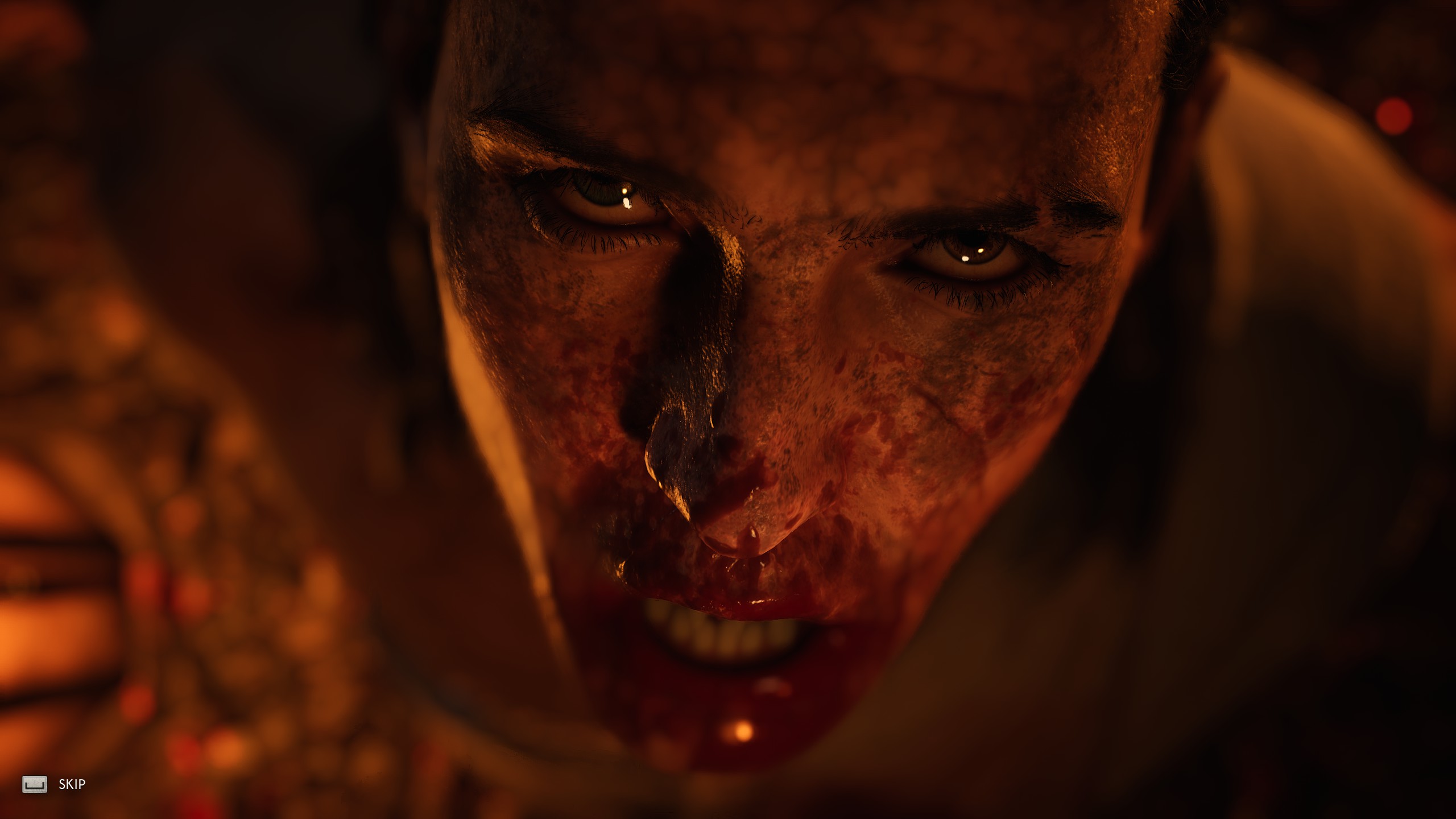 The Blood of Dawnwalker screenshot showing protagonist Coen looking up, his mouth covered in blood