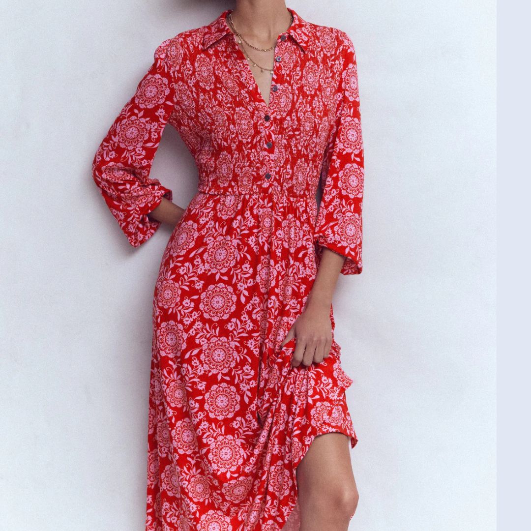 Boden Smocked Jersey Shirt Dress Merida Red