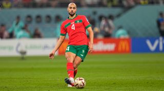 Manchester United target Sofyan Amrabat of Morocco controls the ball during a match at the FIFA World Cup 2022