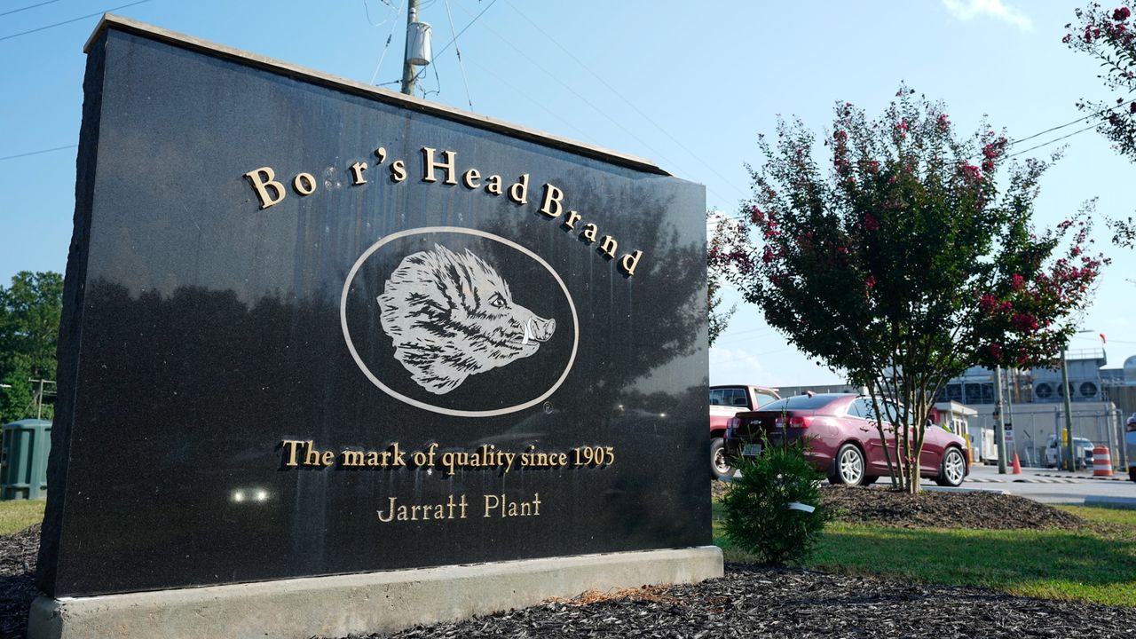 The entrance to the now-shuttered Boar&#039;s Head plant in Jarratt, Virginia.