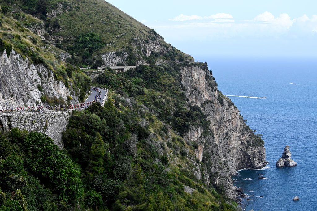 NAPLES ITALY MAY 11 A general view of the peloton competing during the 106th Giro dItalia 2023 Stage 6 a 162km stage from Naples to Naples UCIWT on May 11 2023 in Naples Italy Photo by Tim de WaeleGetty Images