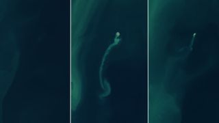 Side-by-side satellite photos showing the emergence and disappearance of a small island in the ocean