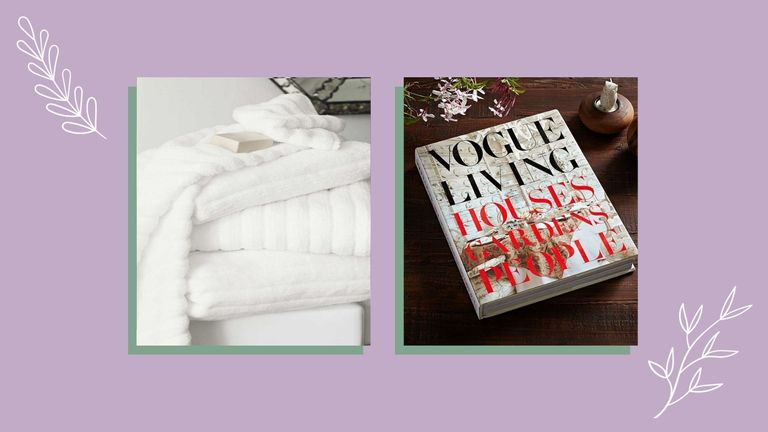 A two image collage of the best housewarming gifts including a White Company cotton blanket and Vogue Living coffee book