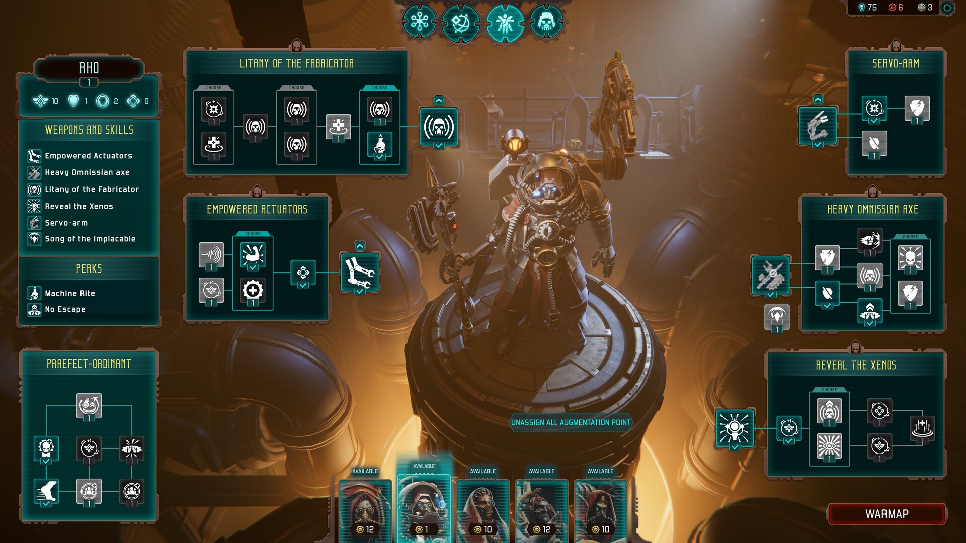A sci-fi game interface shows a central armored figure on a platform surrounded by skill trees and stats. The tone is futuristic and strategic.
