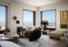 at 432 Park Avenue, Competing with the apartment’s striking views of the Manhattan skyline, the living room includes a ‘Double Bubble’ sofa by Rick Owens, a ‘Roulette’ cocktail table by Holly Hunt and a pair of ‘Koumac’ armchairs by Thierry Lemaire, overlooked by Empire, 1983, by Jean-Michel Basquiat