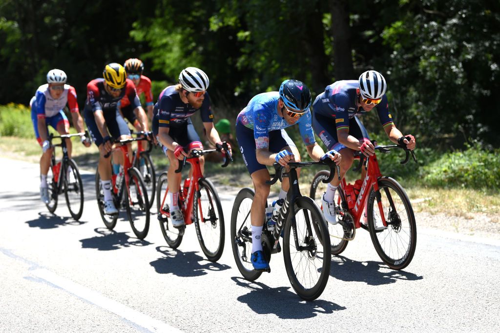 SAINTETIENNE FRANCE JULY 15 LR Quinn Simmons of United States and Team Trek Segafredo Hugo Houle of Canada and Team Israel Premier Tech and Mads Pedersen of Denmark and Team Trek Segafredo compete in the breakaway during the 109th Tour de France 2022 Stage 13 a 1926km stage from Le Bourg dOisans to SaintEtienne 488m TDF2022 WorldTour on July 15 2022 in SaintEtienne France Photo by Alex BroadwayGetty Images