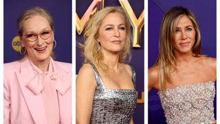 Meryl Streep wears a glossy pink lipstick and a pink suit, alongside a picture of Gillian Anderson who wears a silver dress and a matte pink lip look and finally, Jennifer Aniston, who is also seeing with a pink lip look and wearing a silver dress, all at the 76th Primetime Emmy Awards at Peacock Theater on September 15, 2024 in Los Angeles, California.