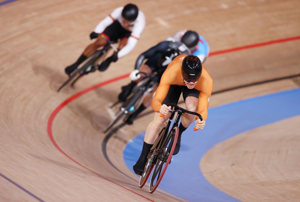 IZU JAPAN AUGUST 07 Harrie Lavreysen of Team Netherlands sprints during the Mens Keirin repechages heat 3 of the track cycling on day filthen of the Tokyo 2020 Olympic Games at Izu Velodrome on August 07 2021 in Izu Shizuoka Japan Photo by Justin SetterfieldGetty Images