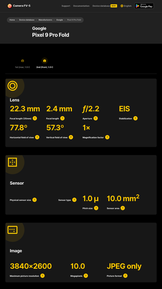 Google Pixel 9 Pro entry in Camera FV-5 database