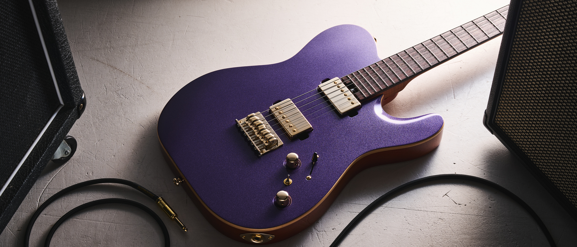 Harley Benton Fusion-T II HH RW HT in Purple Metallic finish with gold hardware. Shot on white surface.