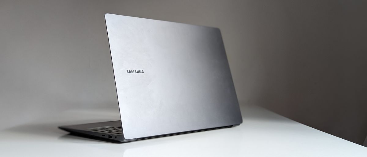 Close up detail shot of a Samsung Galaxy Book3 Ultra on a white desk