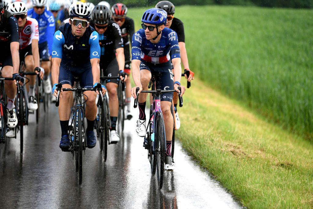 GSTAAD SWITZERLAND JUNE 09 Gonzalo Serrano of Spain and Movistar Team Alex Howes of United States and Team EF Education Nippo during the 84th Tour de Suisse 2021 Stage 4 a 171km stage from St Urbanto Gstaad 1004m Rain UCIworldtour tds tourdesuisse on June 09 2021 in Gstaad Switzerland Photo by Tim de WaeleGetty Images