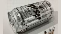 A hyper realistic pencil drawing of an Asahi beer can laying down with excellent lighting and shading
