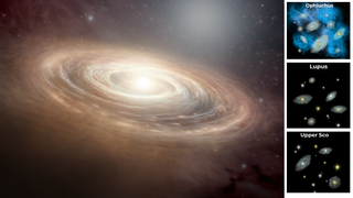 (Main) an artist's illustration of a protoplanetary disks. (Inset) illustrations of three such disks observed in the AGE-PRO program from ALMA