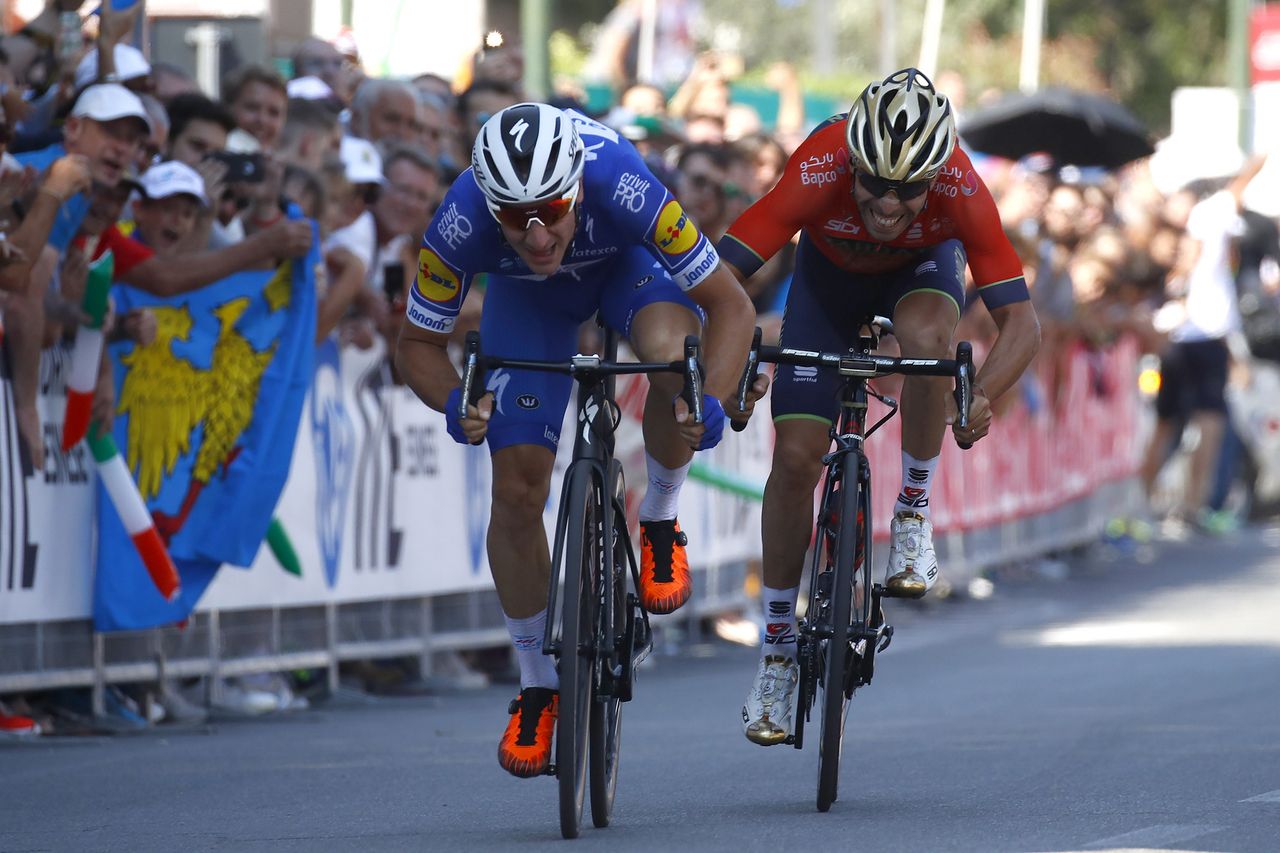 Elia Viviani (Quick-Step Floors) out-sprints Giovanni Visconti (Bahrain-Merida) to win the Italian title