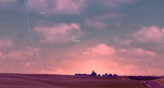 A pink hued landscape with low horizon and cotton candy clouds shows tiny points Jupiter and Uranus labeled near the center. In the left, blue lines trace a constellation from the top to the horizon. On the right another blue line reaches from the bottom and ends in the middle.