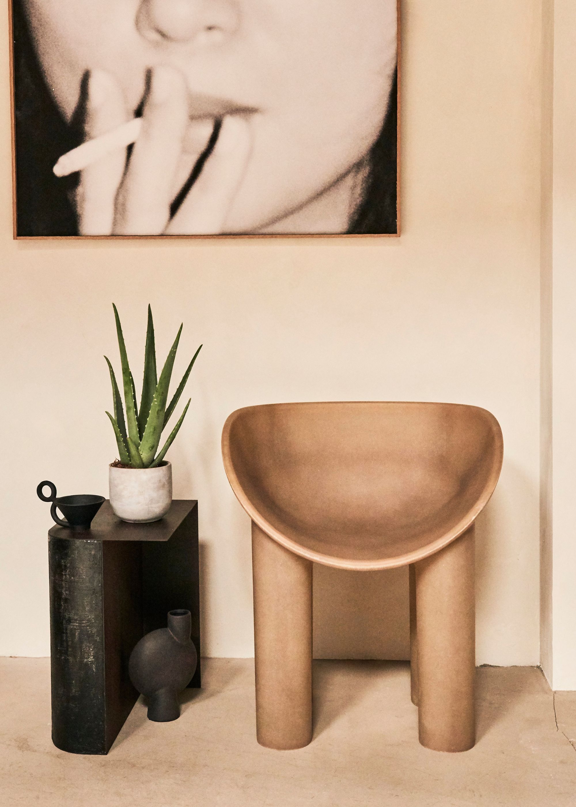 A potted succulent on a side table in a living room beside an accent chair