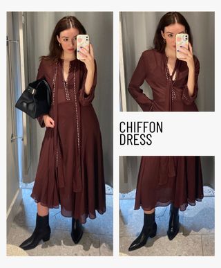 Woman wears burgundy chiffon dress