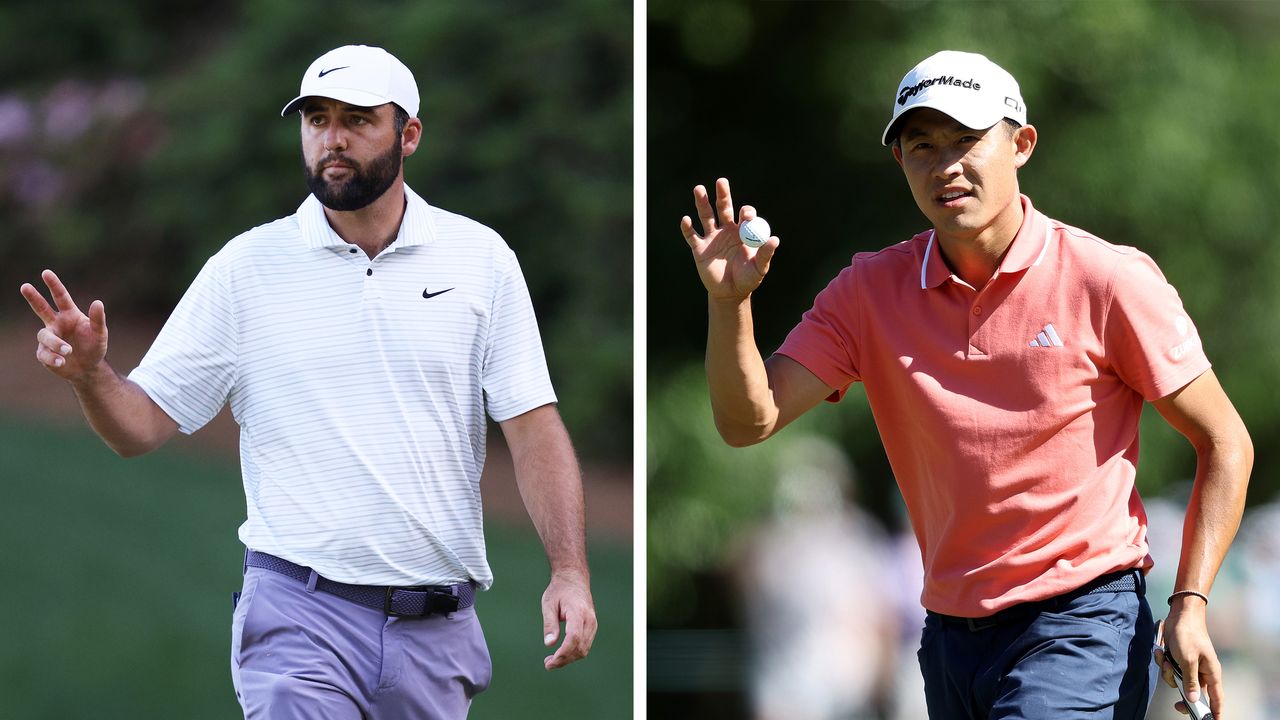 Scottie Scheffler and Collin Morikawa salute the crowd after holing putts