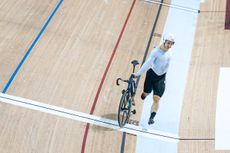 Nikita Kiriltsev runs across the line at the UCI Track World Cup in Hong Kong