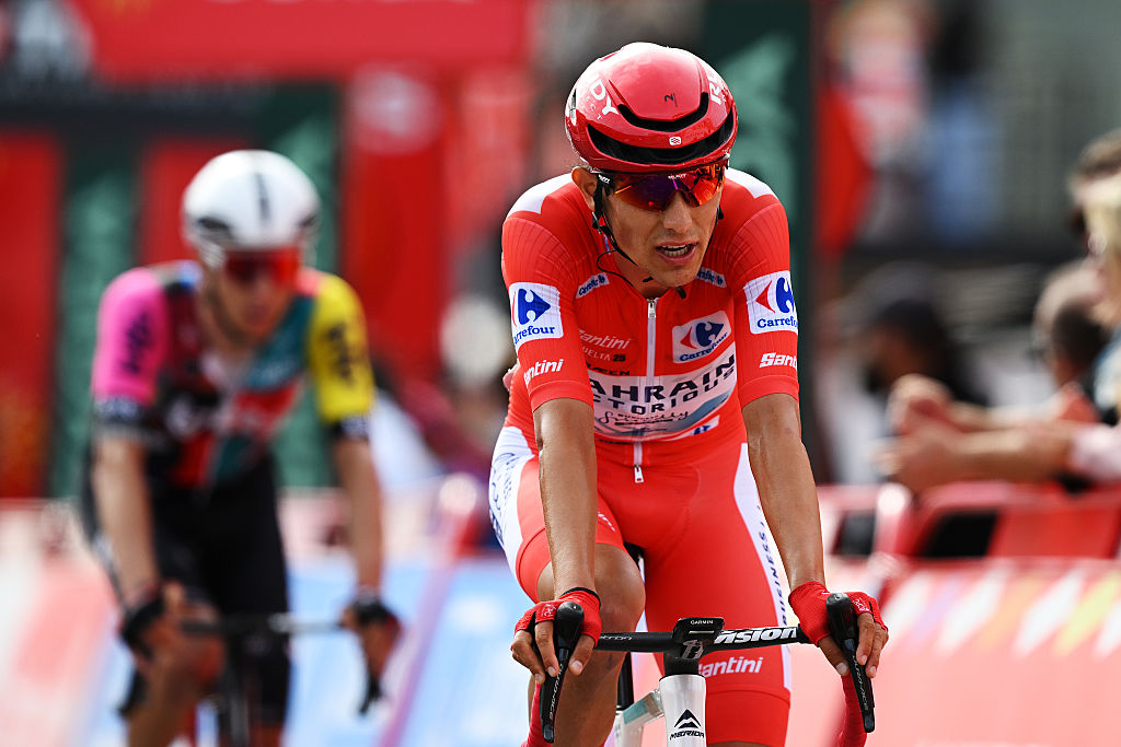 EL FERIAL LARRA BELAGUA, SPAIN - AUGUST 02: Torstein Traeen of Norway and Team Bahrain - Victorious - Red Leader Jersey crosses the finish line during the La Vuelta - 80th Tour of Spain 2025, Stage 10 a 175.3km stage from Parque de la Naturaleza Sendaviva to El Ferial Larra Belagua 1585m / #UCIWT / on September 02, 2025 in El Ferial Larra Belagua, Spain. (Photo by Dario Belingheri/Getty Images)