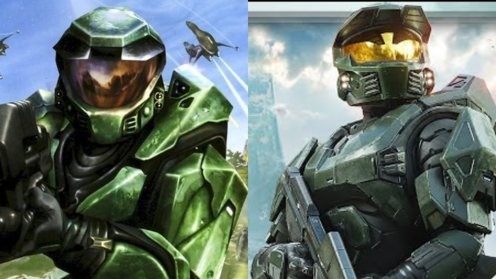 Side-by-side comparison of Master Chief's original Halo: Combat Evolved armor design and the updated Halo: Campaign Evolved interpretation.