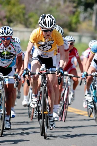 Mara Abbott (Peanut Butter &amp; Co) staying near the front to defend her leaders jersey.
