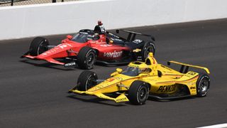 Scott McLaughlin (#3 Team Penske) Dallara IR12 Chevrolet leads teammate Will Power (#12 Team Penske) Dallara IR12 Chevrolet to be the first car to get the green flag for the start of practice for the 107th Indianapolis 500.