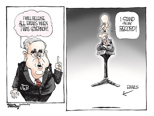 Political cartoon Jeb Bush Rick Scott governor emails