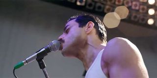 Rami Malek singing as Freddy Mercury during Live Aid in Bohemian Rhapsody