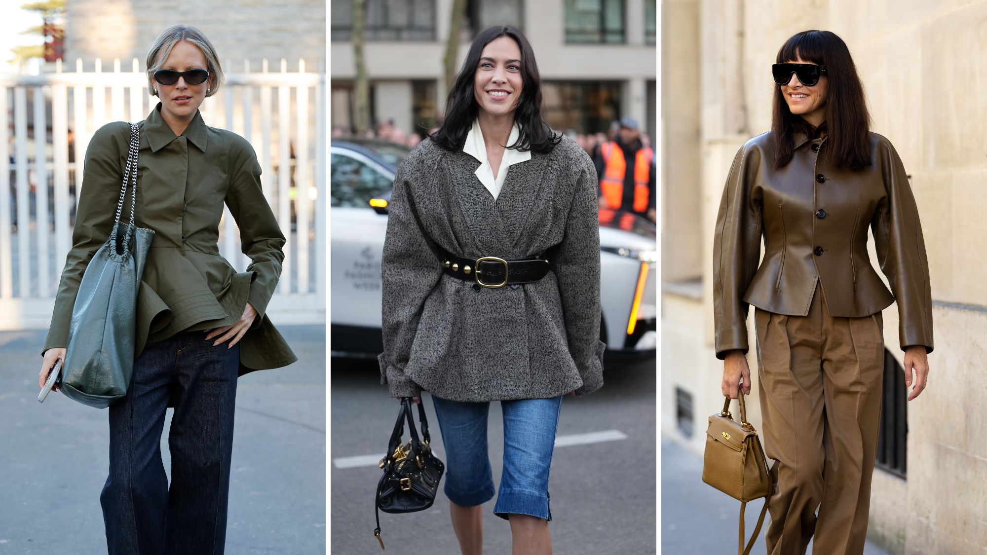 three women wearing peplum jackets during fashion week